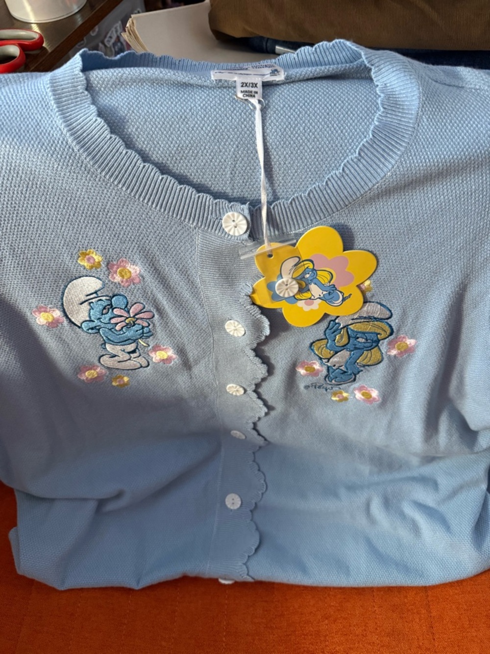 Unique Vintage Smurf Embroidered Light Blue Women’s Cardigan - 2X/3X NWT!!